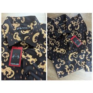 Vassari Men's Luxury Baroque Shirt Black Gold Chain Print Button Up NWT Size XL